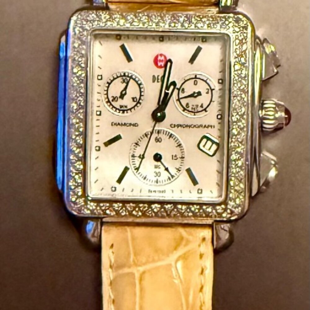 MICHELE Deco Diamond Chronograph Watch 71-6000 w/ 3 Straps (Quartz)